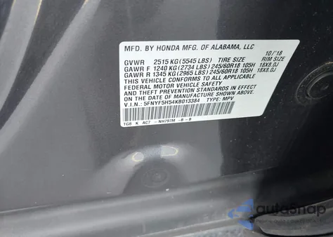 2019 Honda Pilot Ex-L z USA, uszkodzony, nr VIN 5FNYF5H54KB013384